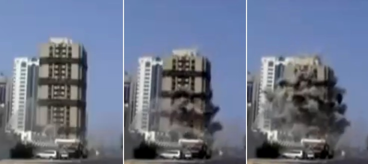 Panaches pendant l'effondrement dans une démolition contrôlée (Abou Dabi)