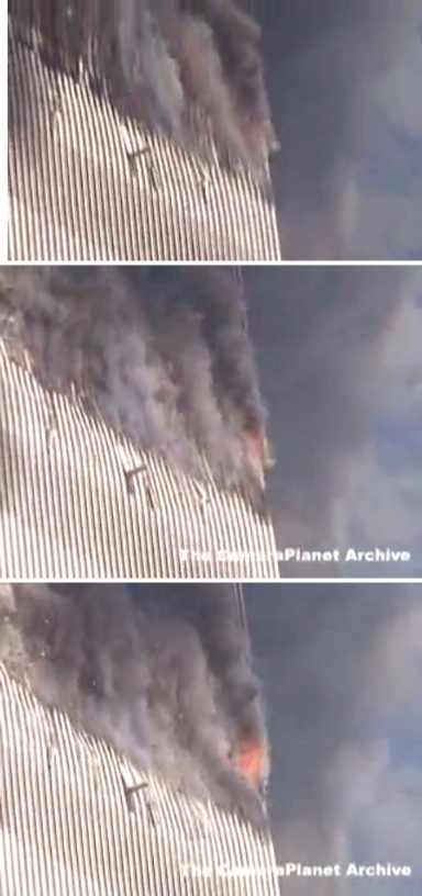 Flambement (au sens mécanique) des poteaux périphériques de la Tour Sud au moment où débute son effondrement